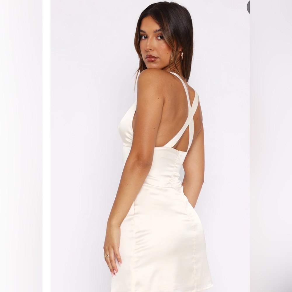 White Fox Boutique Satin Plunge Mini Dress in Cream - Picture 2 of 2